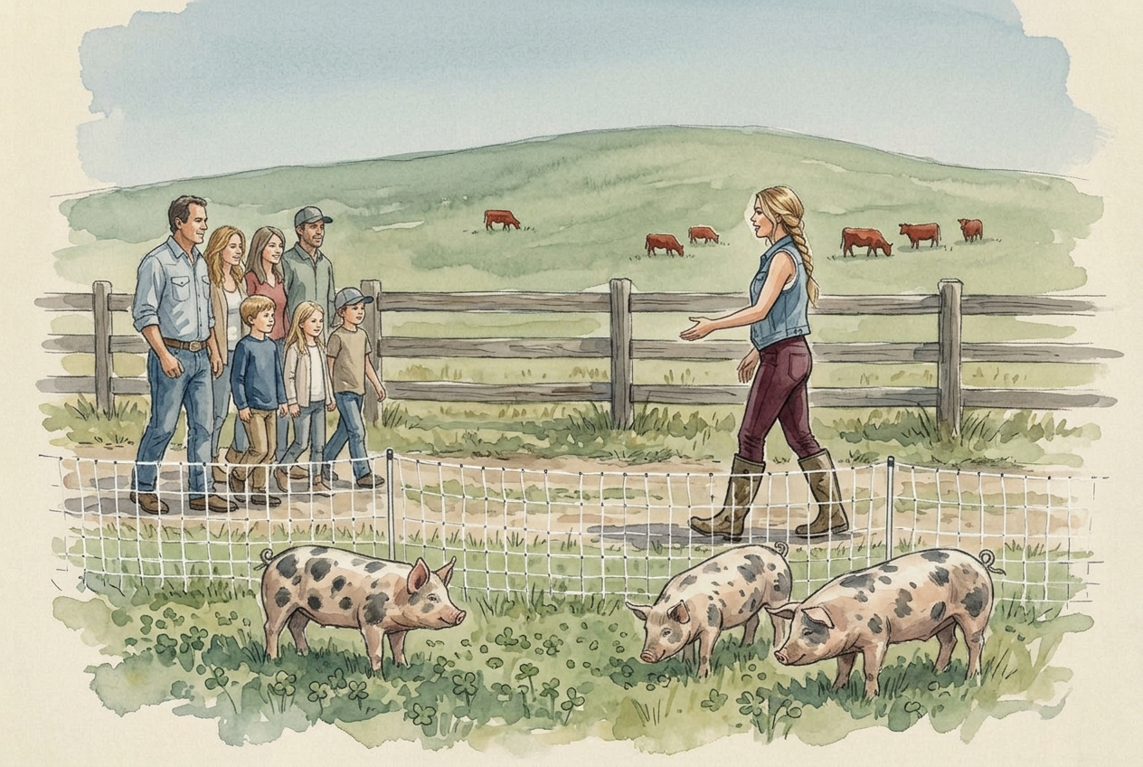 Watercolor of a blonde rancher walking with two members along a rustic cedar fence, spotted Idaho Pasture Pigs grazing inside a white electric mesh paddock and red cattle on a distant green hill
