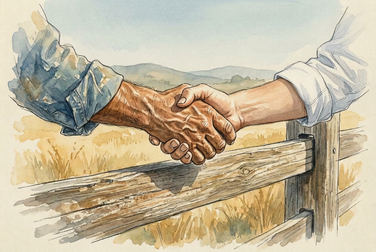 Watercolor of a weathered rancher's hand shaking a member's hand over a wooden ranch fence