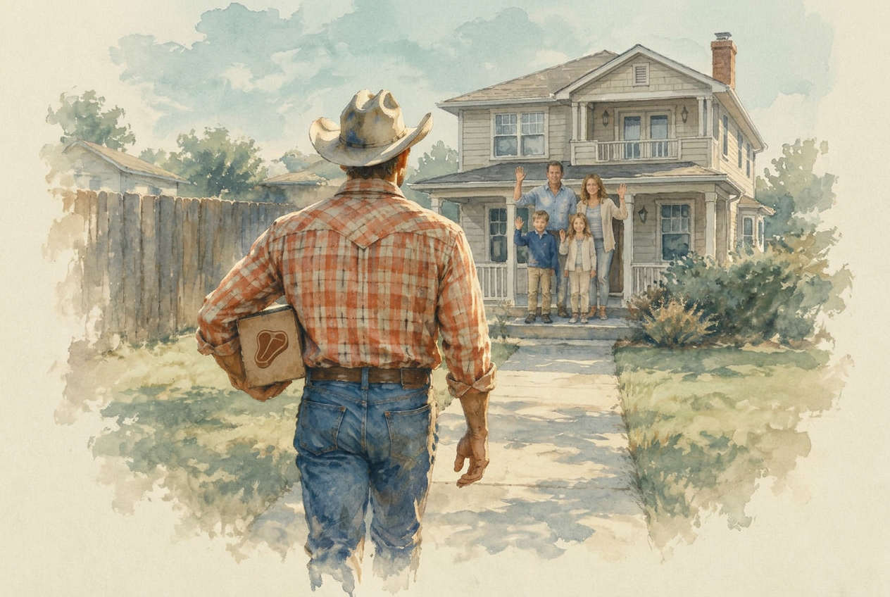 Watercolor of a Landfed rancher in a cowboy hat and jeans, seen from behind, carrying a harvest share up a front walk to a family waving from their porch.