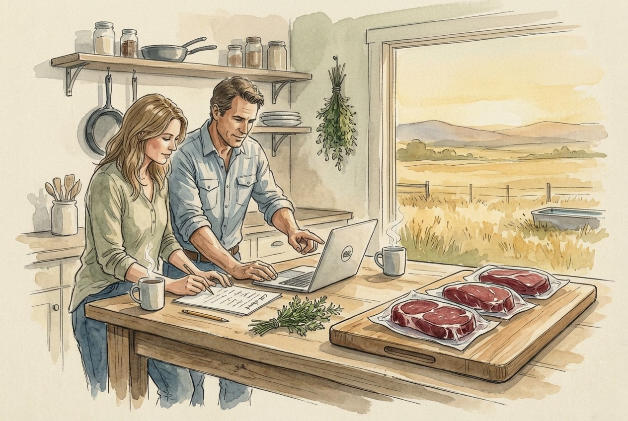 Watercolor of a couple at their kitchen island planning a meat reservation on a laptop beside a handwritten cut chart, coffee mugs, fresh herbs, and vacuum-sealed cuts of beef on a wooden cutting board, with golden ranch light through the window